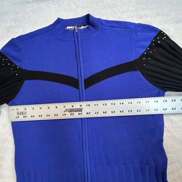 Jamie Sadock Womens Blue Black Ribbed Zip-Up Sweater Large Embellished Detail - Picture 6 of 7